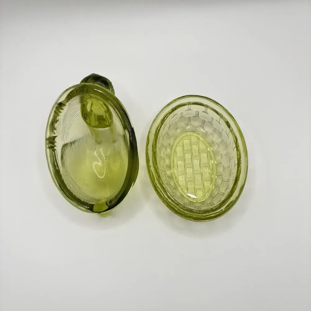 Bunny Rabbit On Nest Dish Vintage Green Glass Lidded Decorative Collectible
